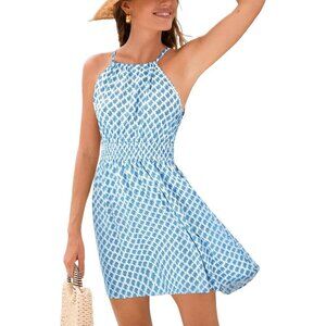 Women Geo Halter Summer Dress Rayon Small Blue Casual Beach Vacation